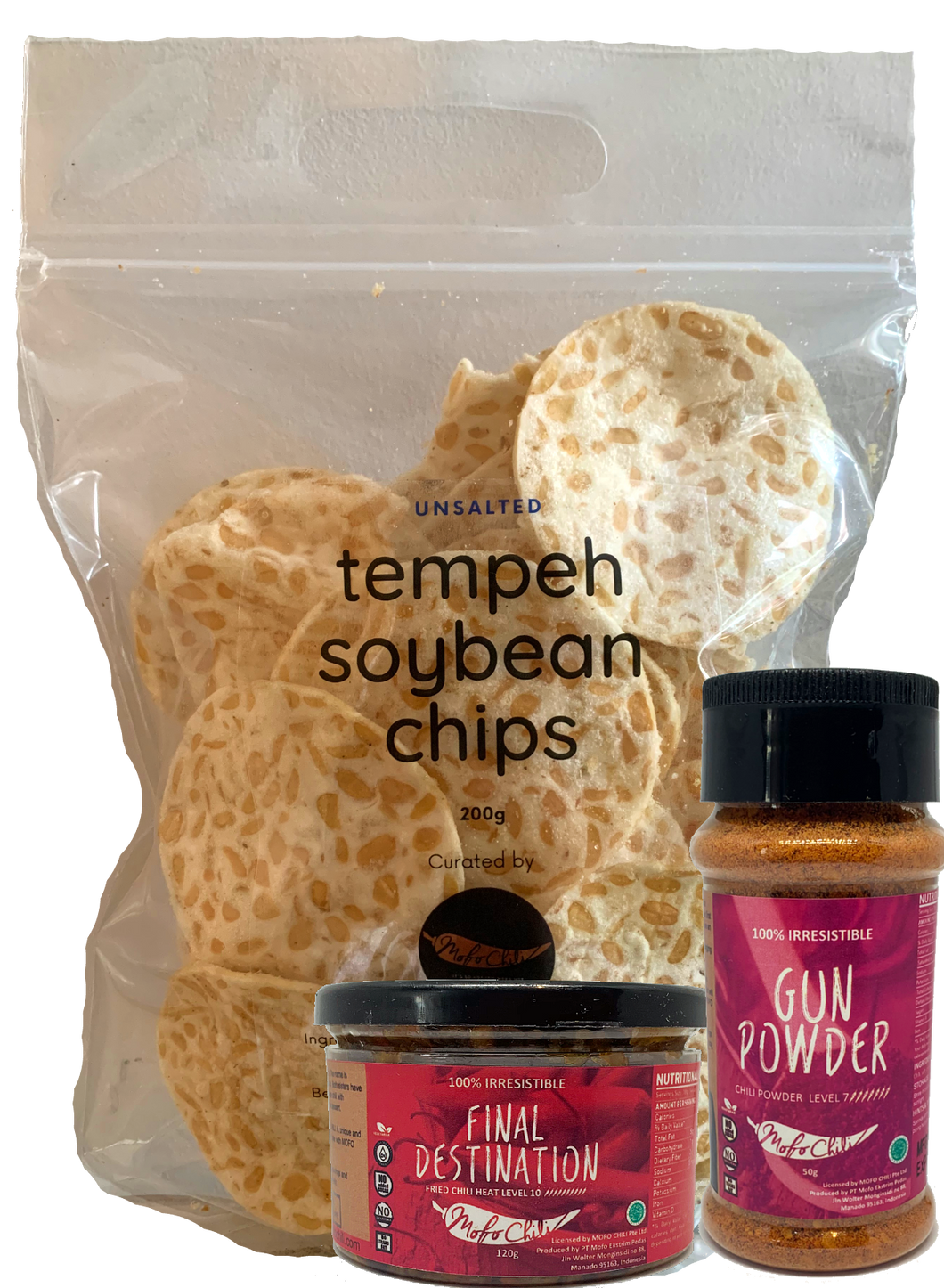 Shake & Dip Snacks Bundle (Fried chili + Dried chili + Tempeh Soyabean chips)